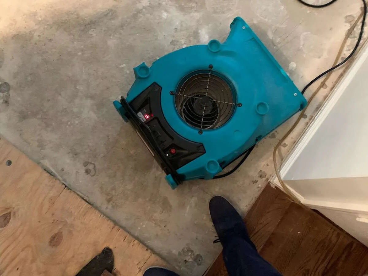 Air mover drying subfloor during Leak Detection & Repair in Iona